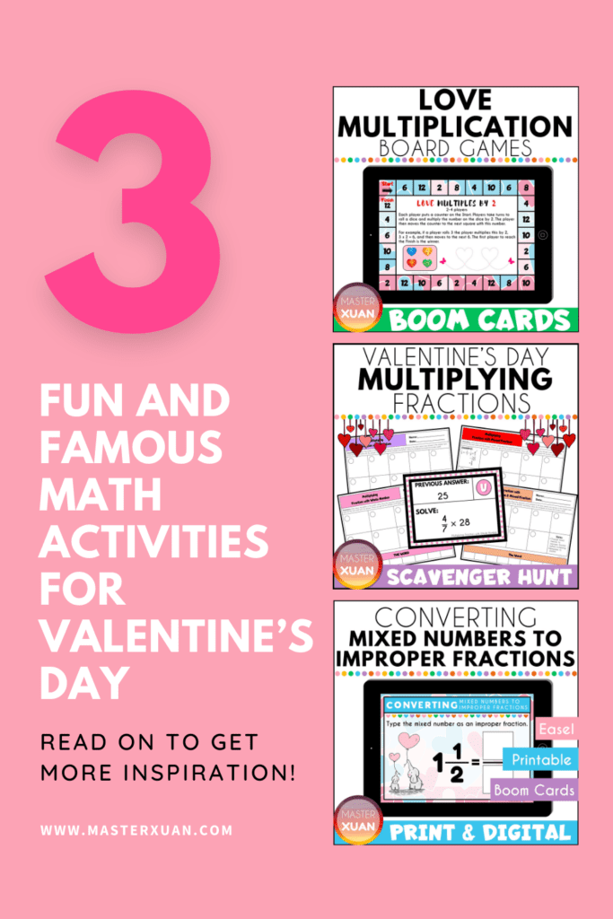 3 fun and famous math activities for valentine's day pinterest pin with two columns and pink background