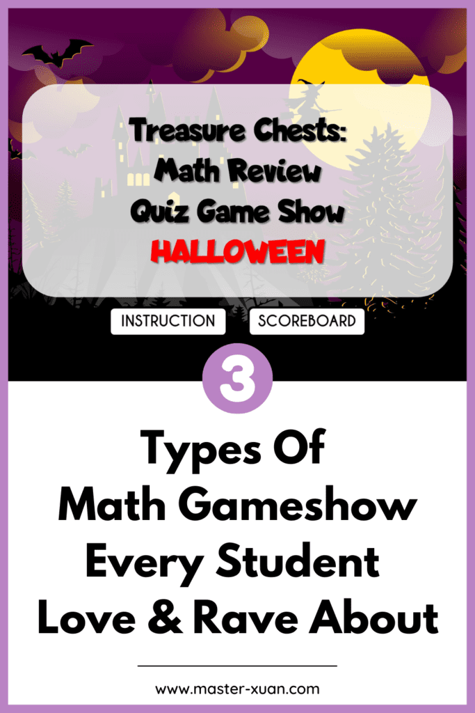 3 types of math gameshow pinterest pin with treasure chests cover as background