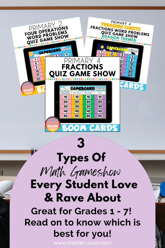 3 types of math gameshow pinterest pin with 3 math game show covers 
