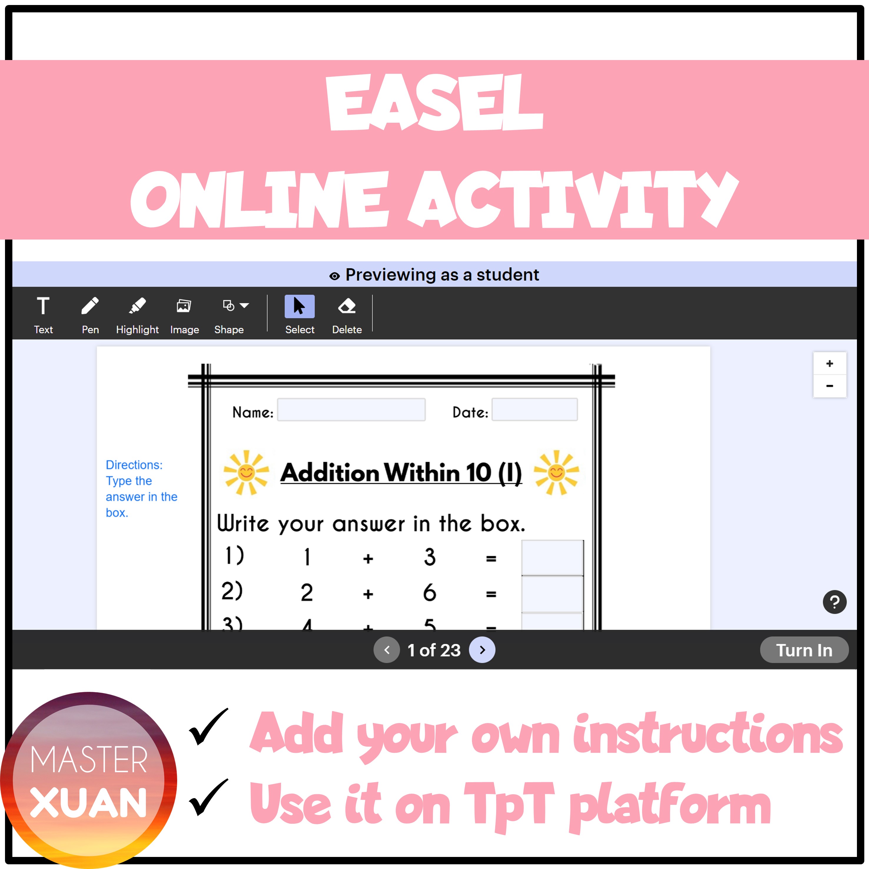 addition and subtraction math drills in Easel as online activity