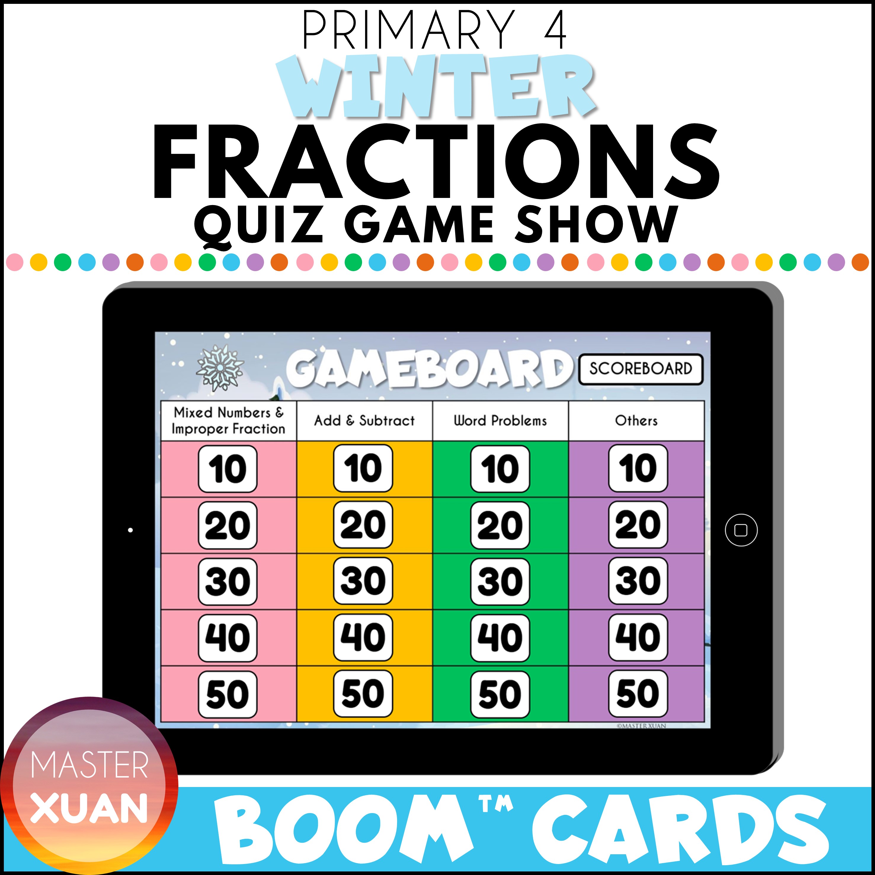 Fractions game 4th grade cover shows Winter Fractions Quiz Game Show
