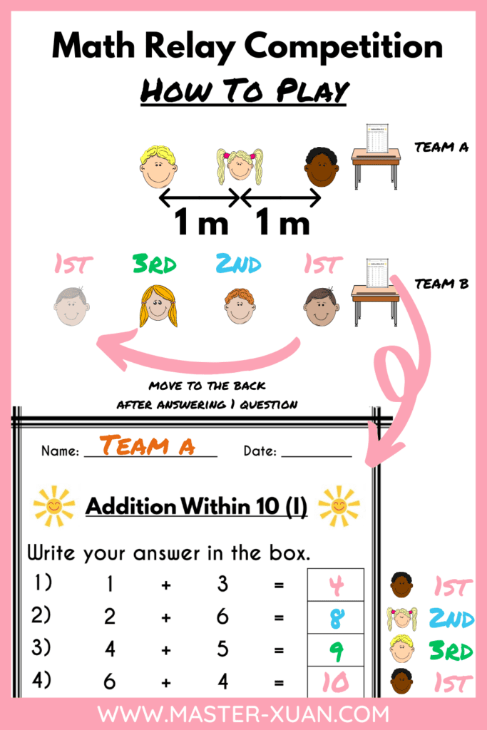 grade 1 addition worksheet Math relay competition game instructions