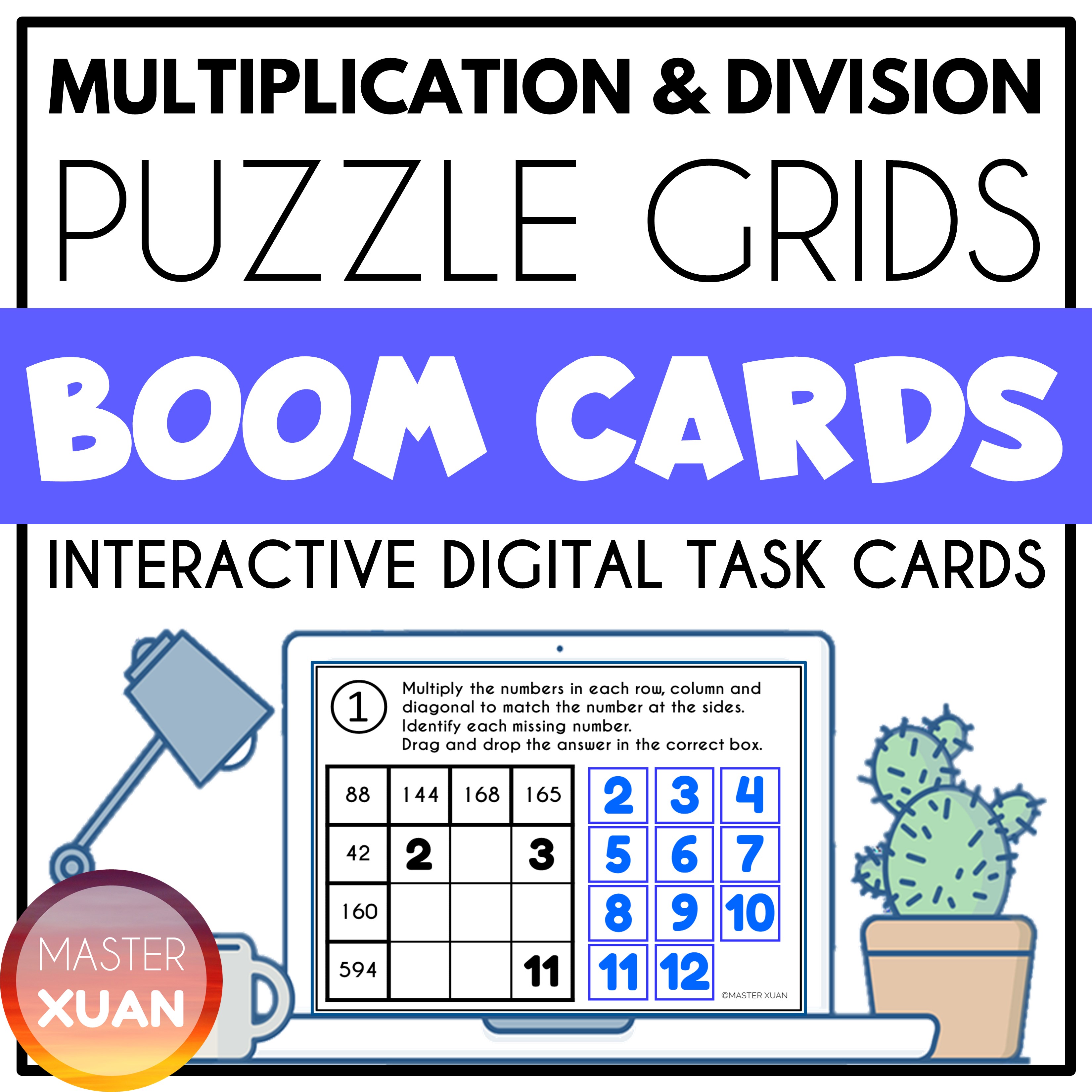 multiplication and division puzzles worksheet cover shows puzzle grids