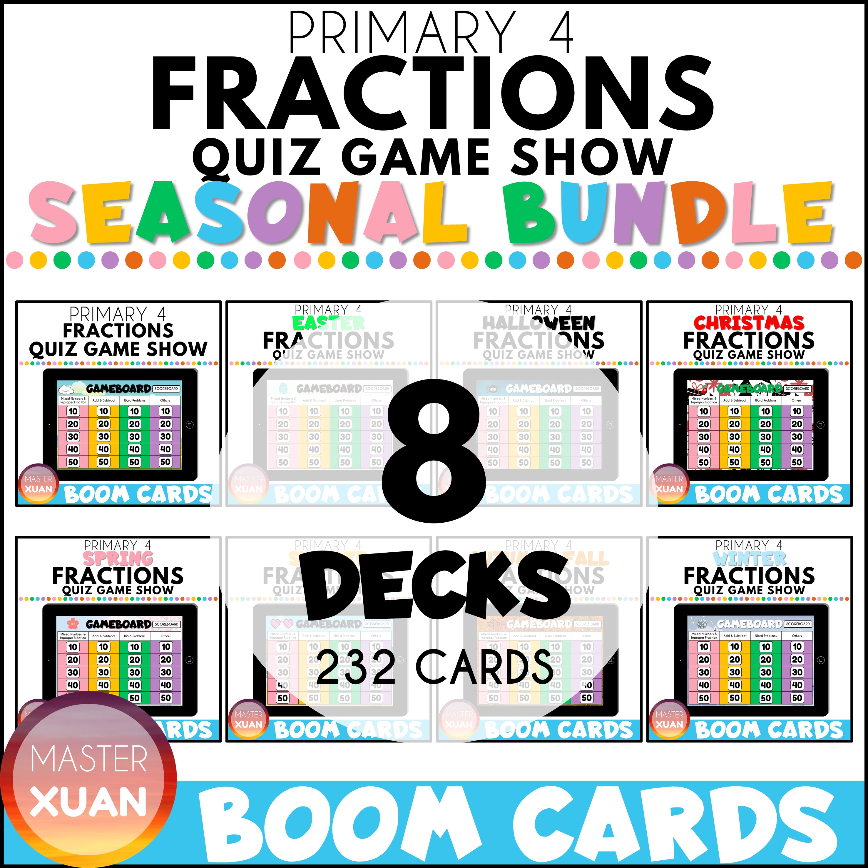 quizzes on fractions is a seasonal bundle with 8 boom decks