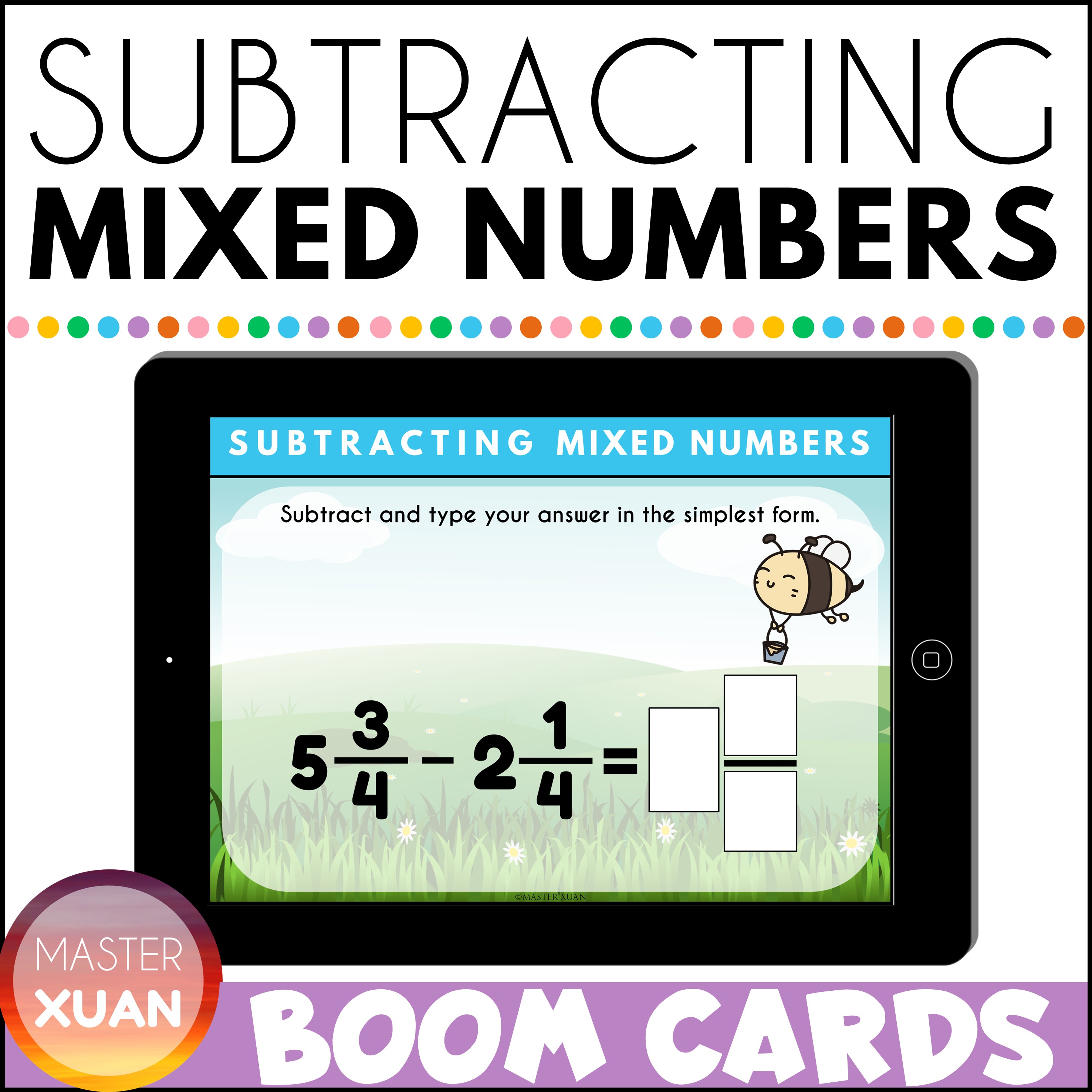subtracting fractions mixed numbers with bee at the background