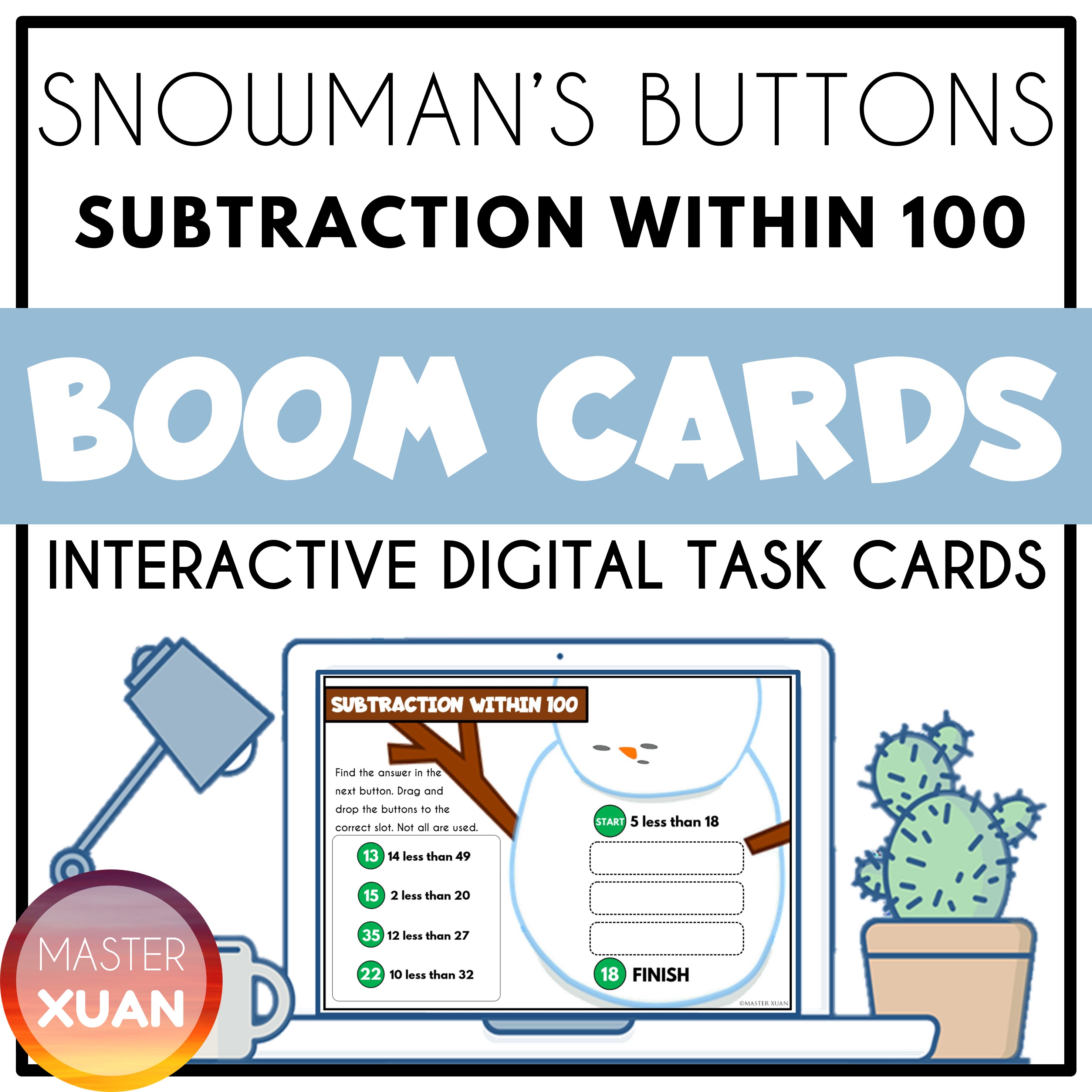 Subtraction up to 100 cover shows snowman's buttons subtraction within 100