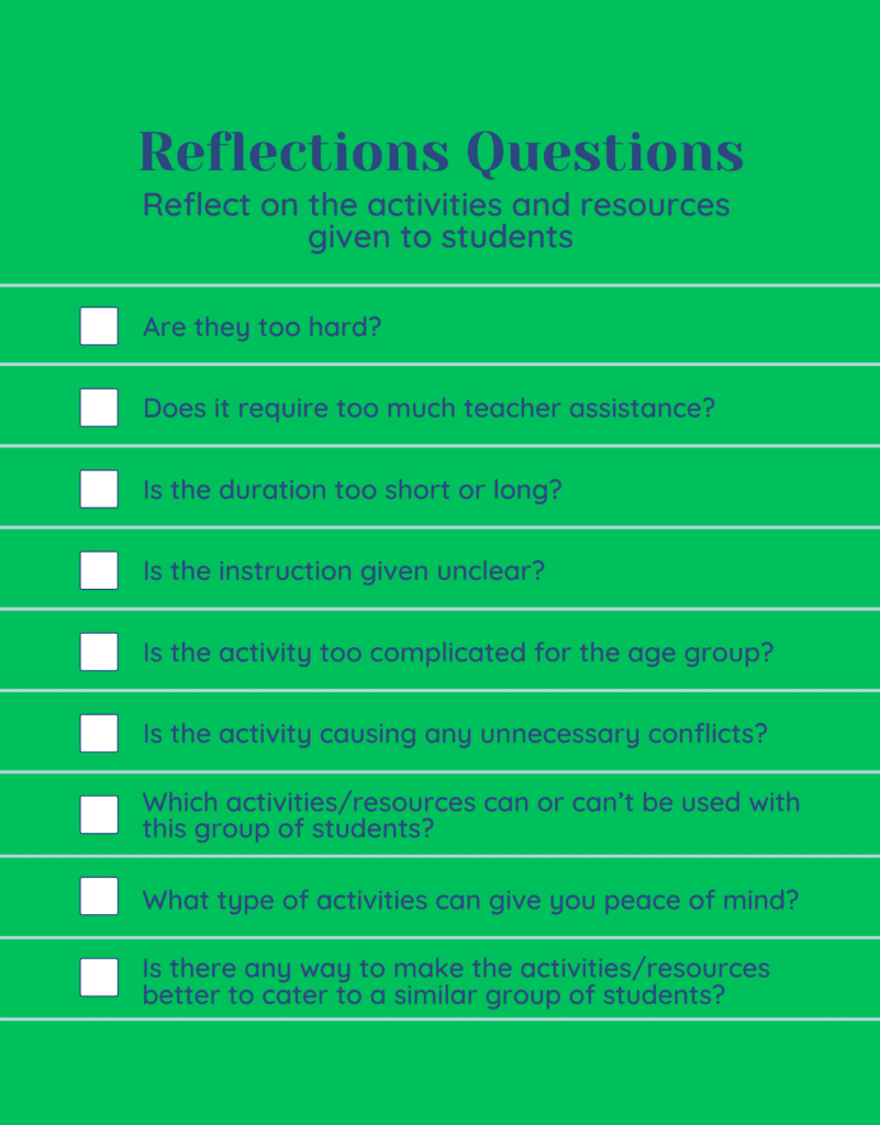 teacher lesson reflection sample on activities and resources given to students