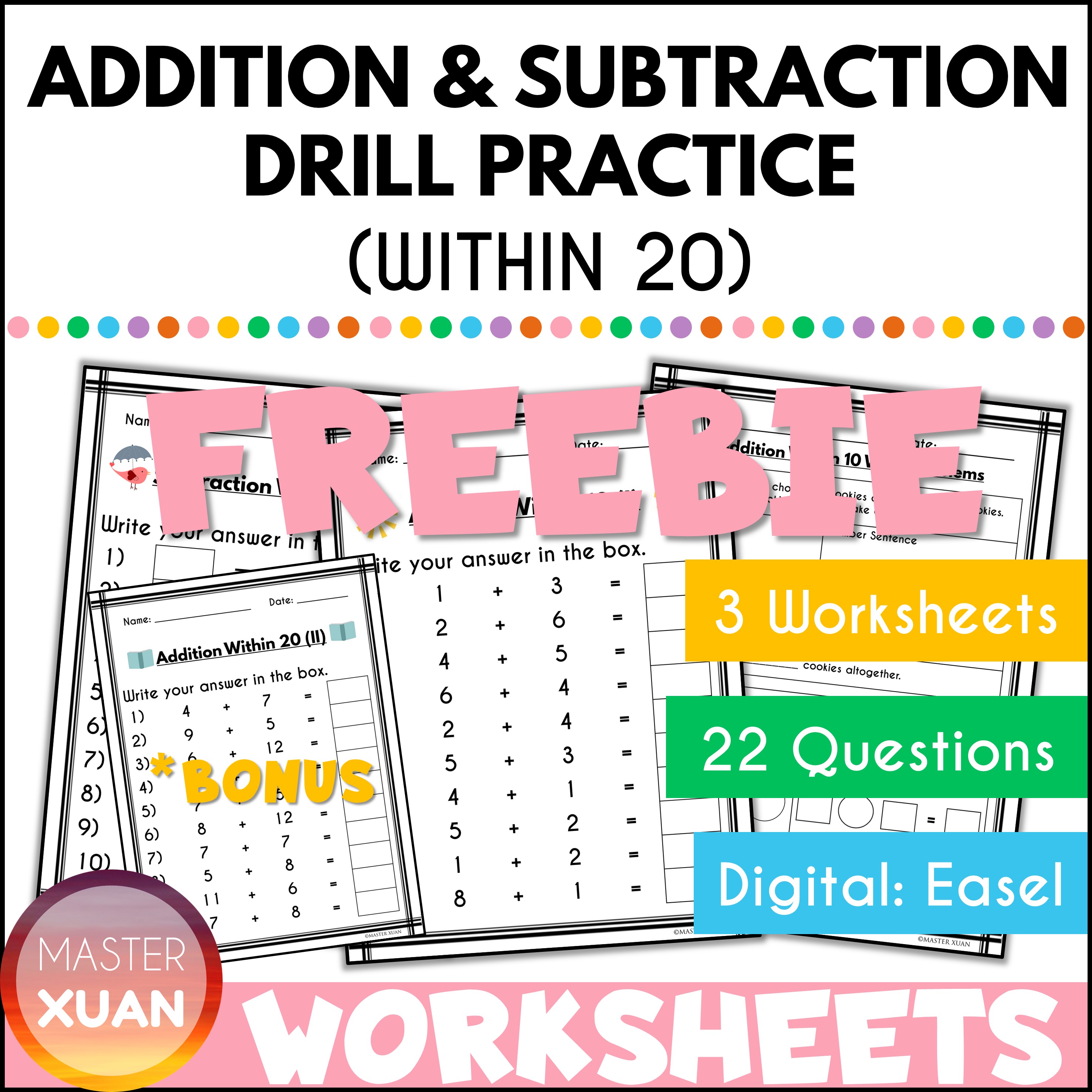 add and subtract within 20 worksheet is available at TPT for free.