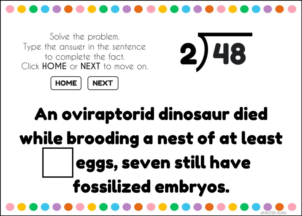 long division question involving dinosaur facts
