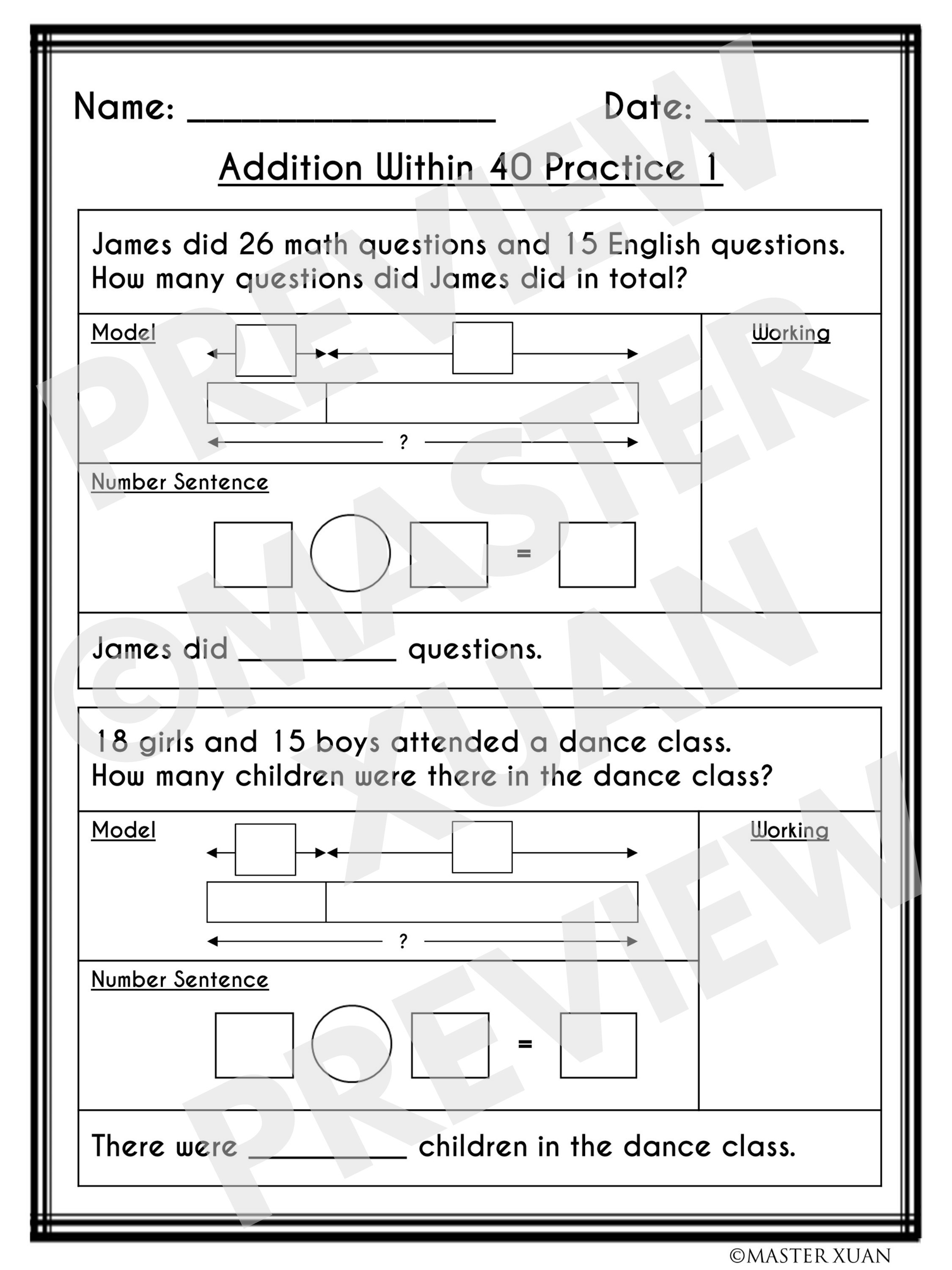 addition and subtraction word problems within 100 worksheets preview