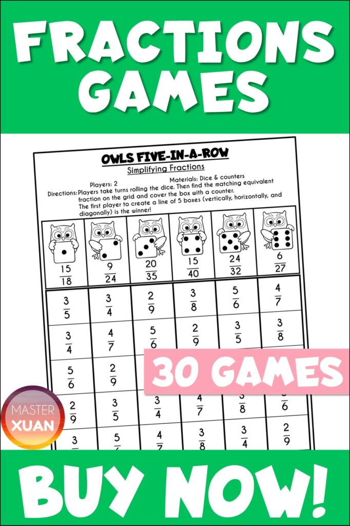Owls Five In A Row can be found inside fractions games maths