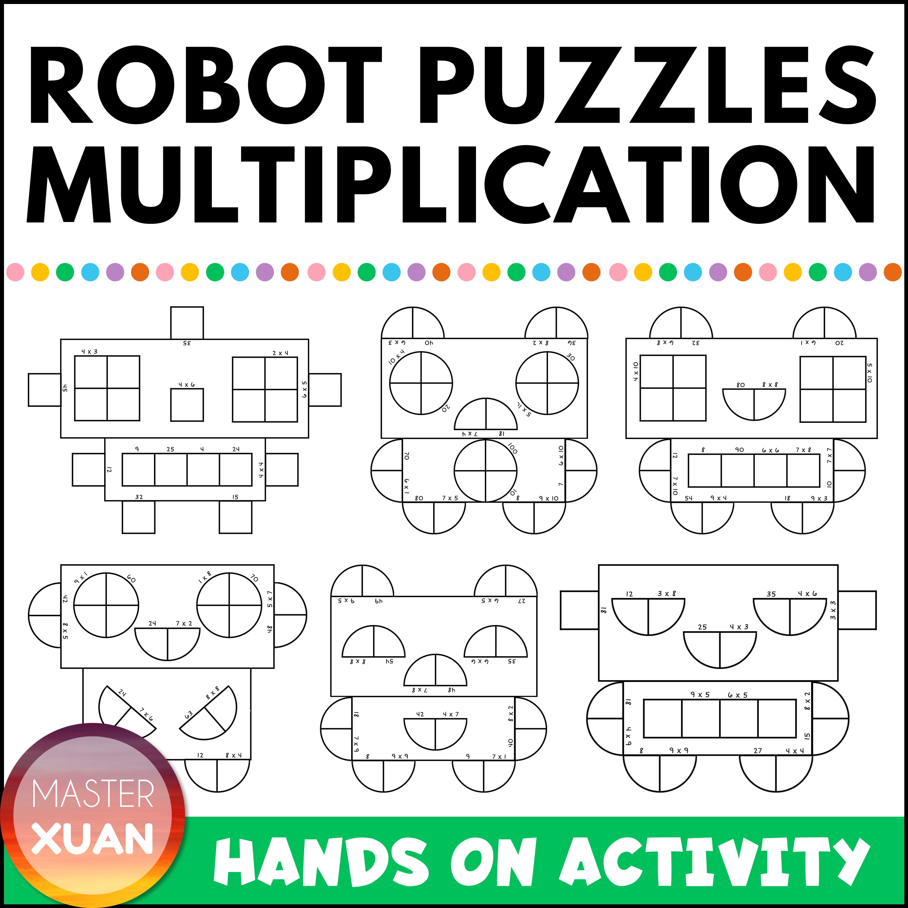 multiplication jigsaw with 6 robots