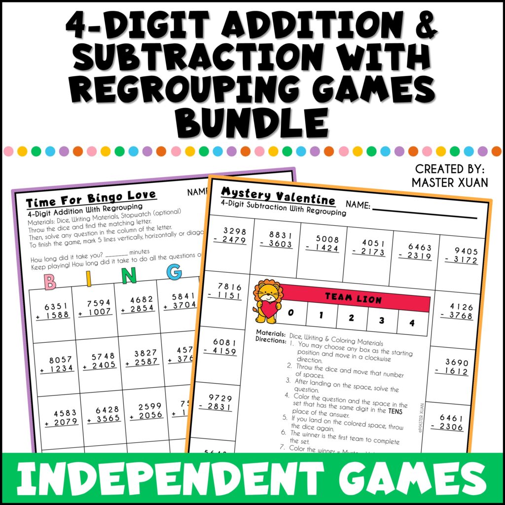 4 digit addition and subtraction with regrouping worksheets bundle