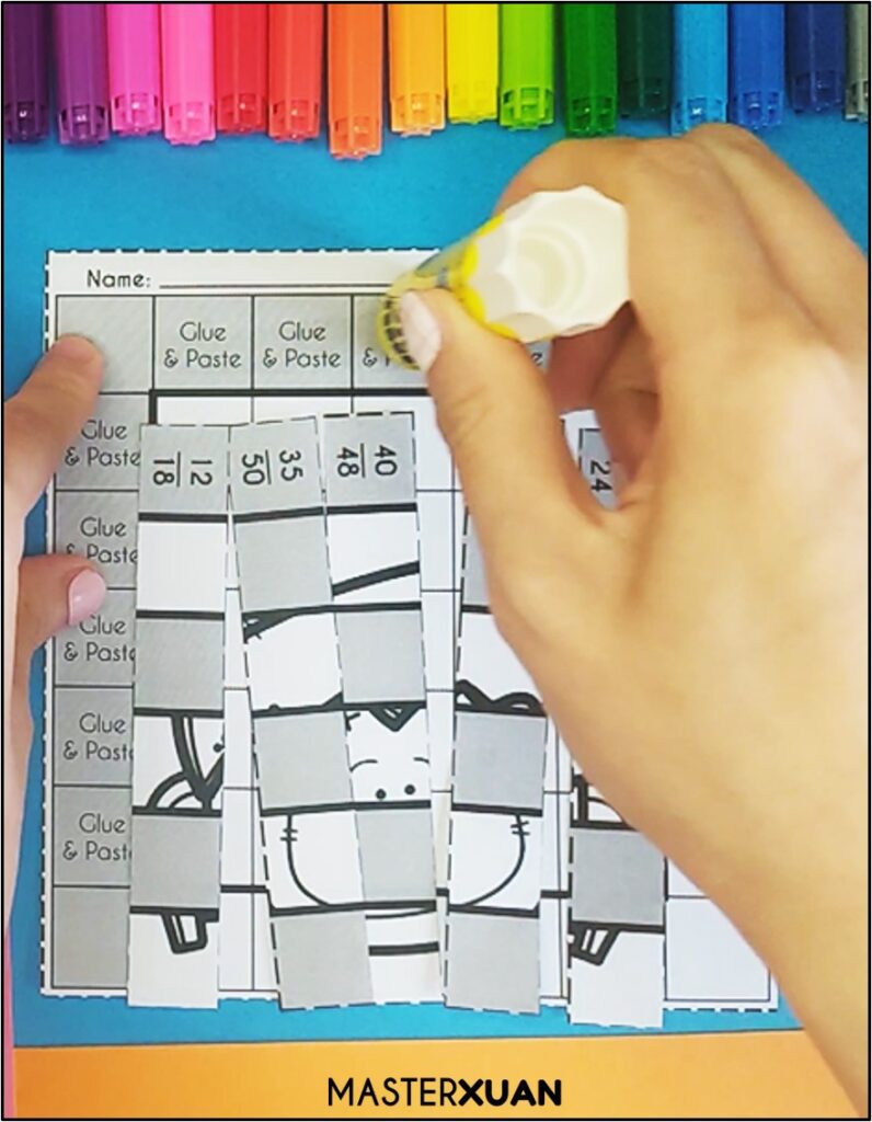 gluing the strips during equivalent fractions hands on activities