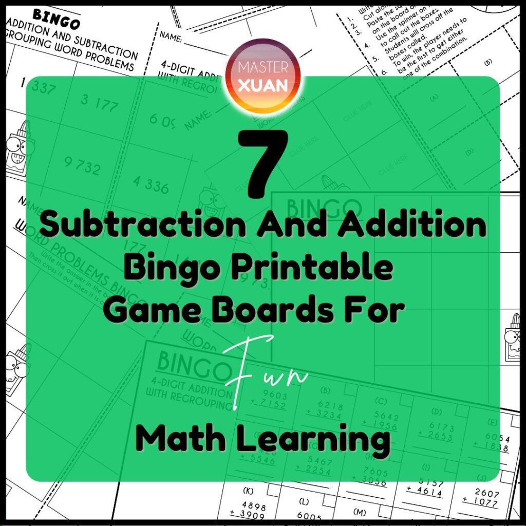 7 Subtraction And Addition Bingo Printable Game Boards for Fun Math Learning