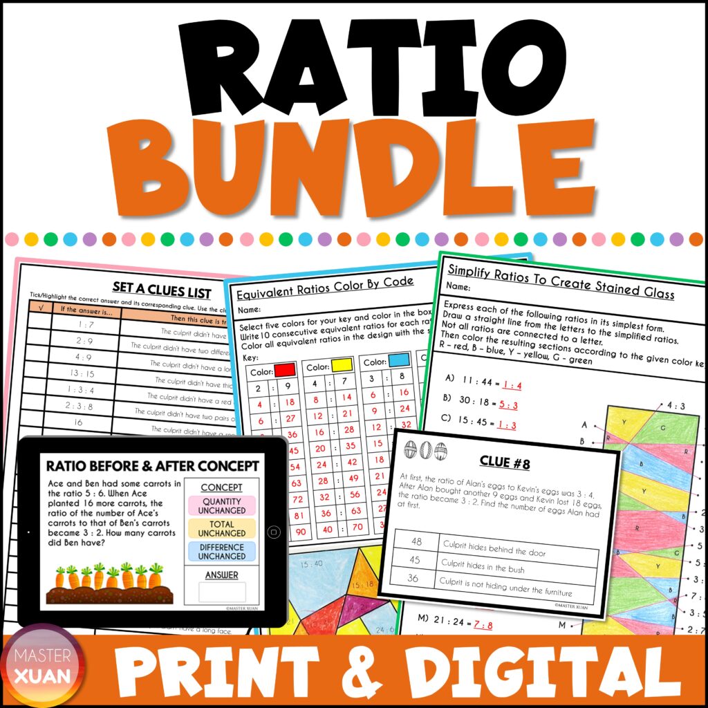 Activities for ratio includes worksheets, digital task cards, scavenger hunt and logic puzzles.