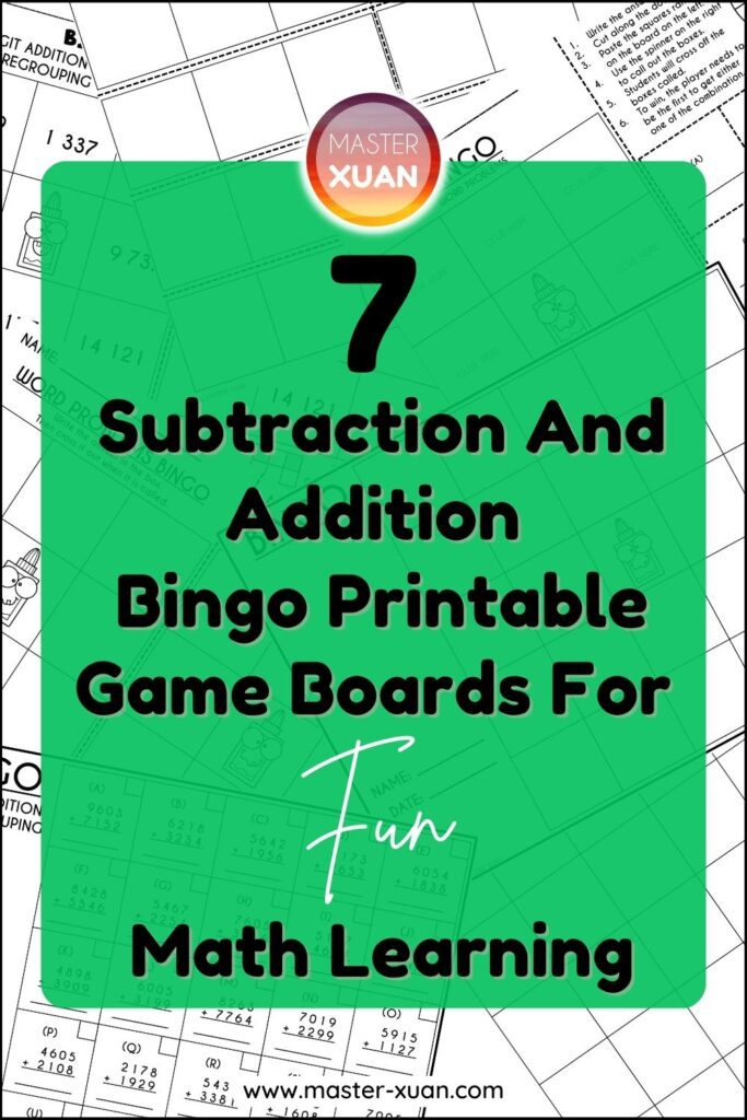 7 Subtraction And Addition Bingo Printable Game Boards for Fun Math Learning