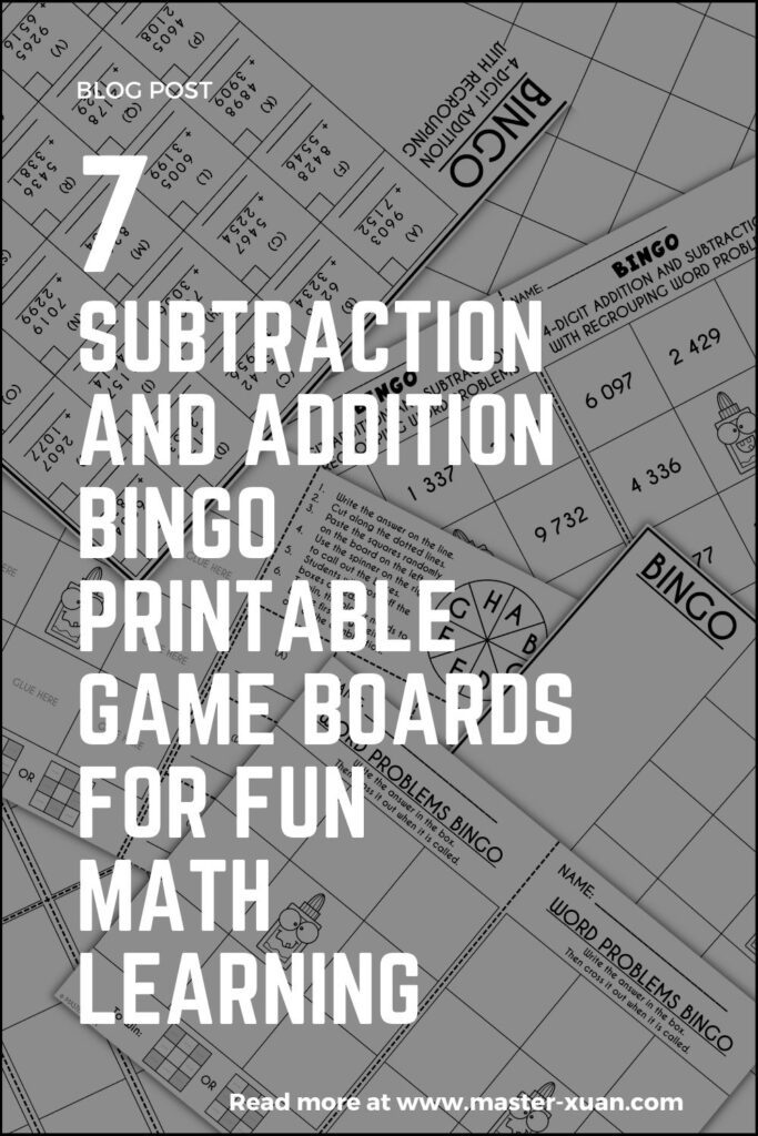 7 Subtraction And Addition Bingo Printable Game Boards for Fun Math Learning