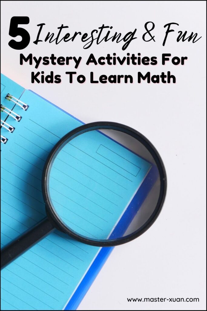 5 Interesting & Fun Mystery Activities For Kids To Learn Math - Magnifying glass on top of a blue notebook.