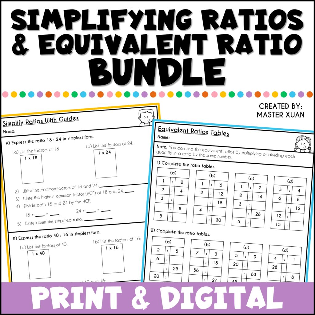 Grab these simplifying ratio and equivalent ratio worksheets in this money-saving bundle.