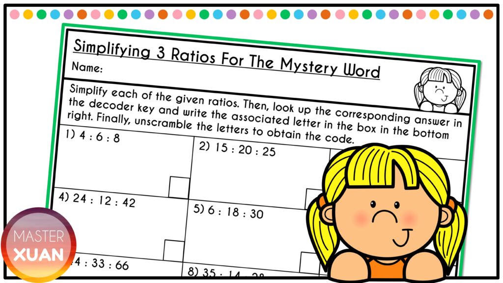 Students will have fun unscrambling the words in this simplifying ratio worksheet.