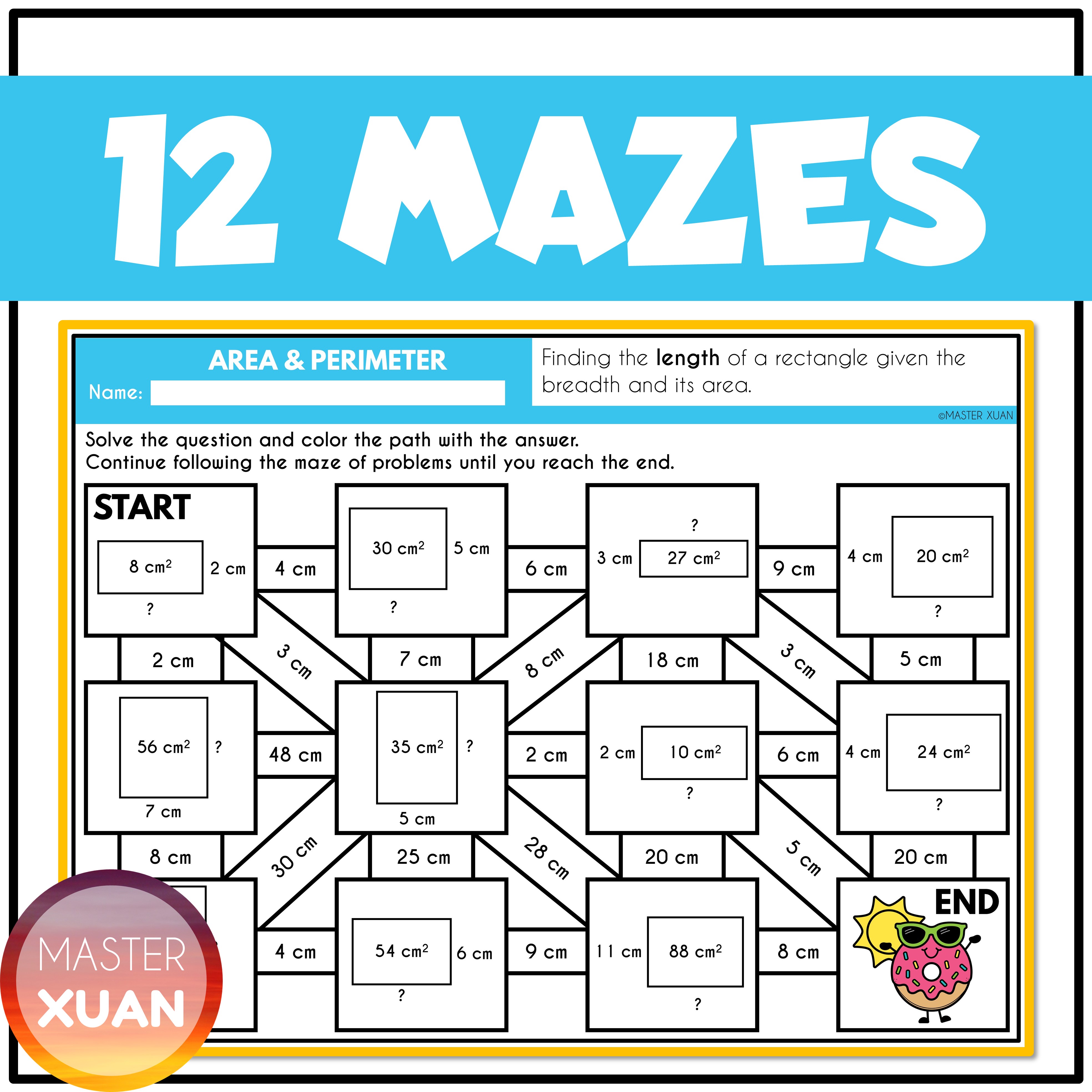 Activity on area and perimeter math resource has 12 mazes.