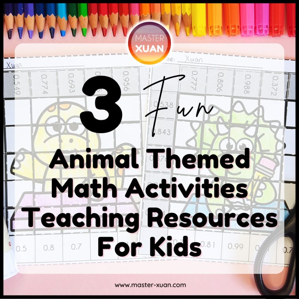 Dinosaur paper crafts at the back with the title at the front: 3 Fun Animal Themed Math Activities Teaching Resources For Kids.