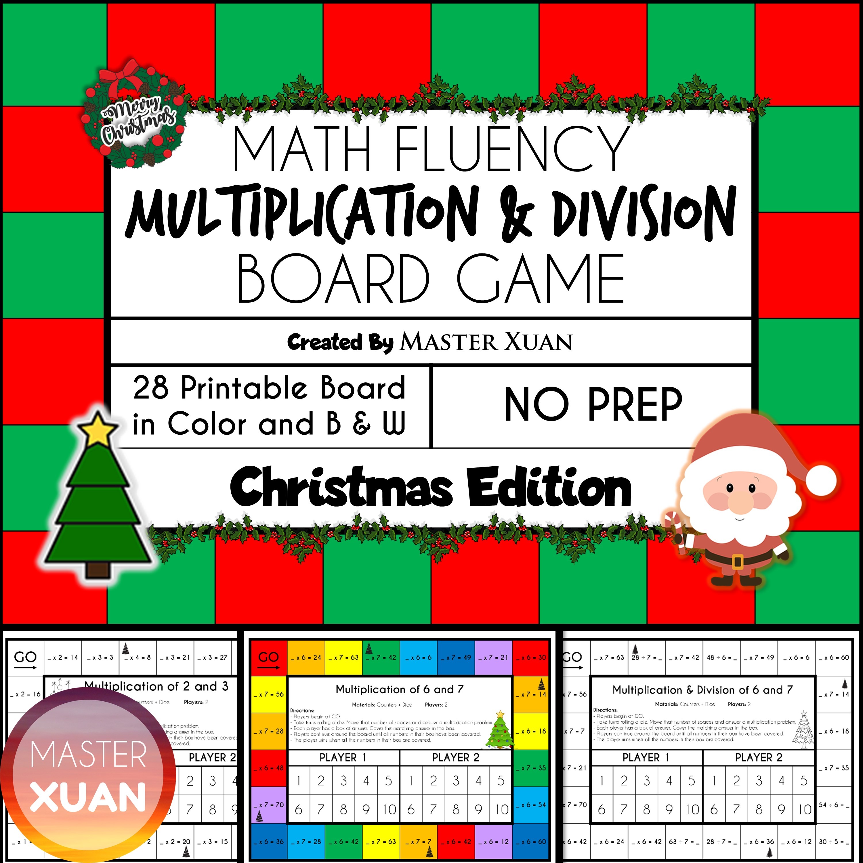 Board games for multiplication and division in Christmas theme.