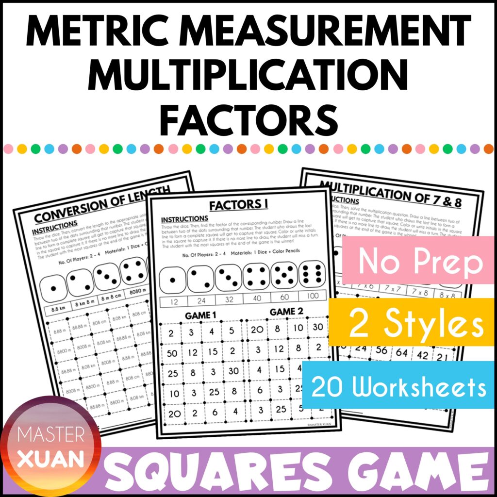 squares dots game includes metric measurement, multiplication and factors