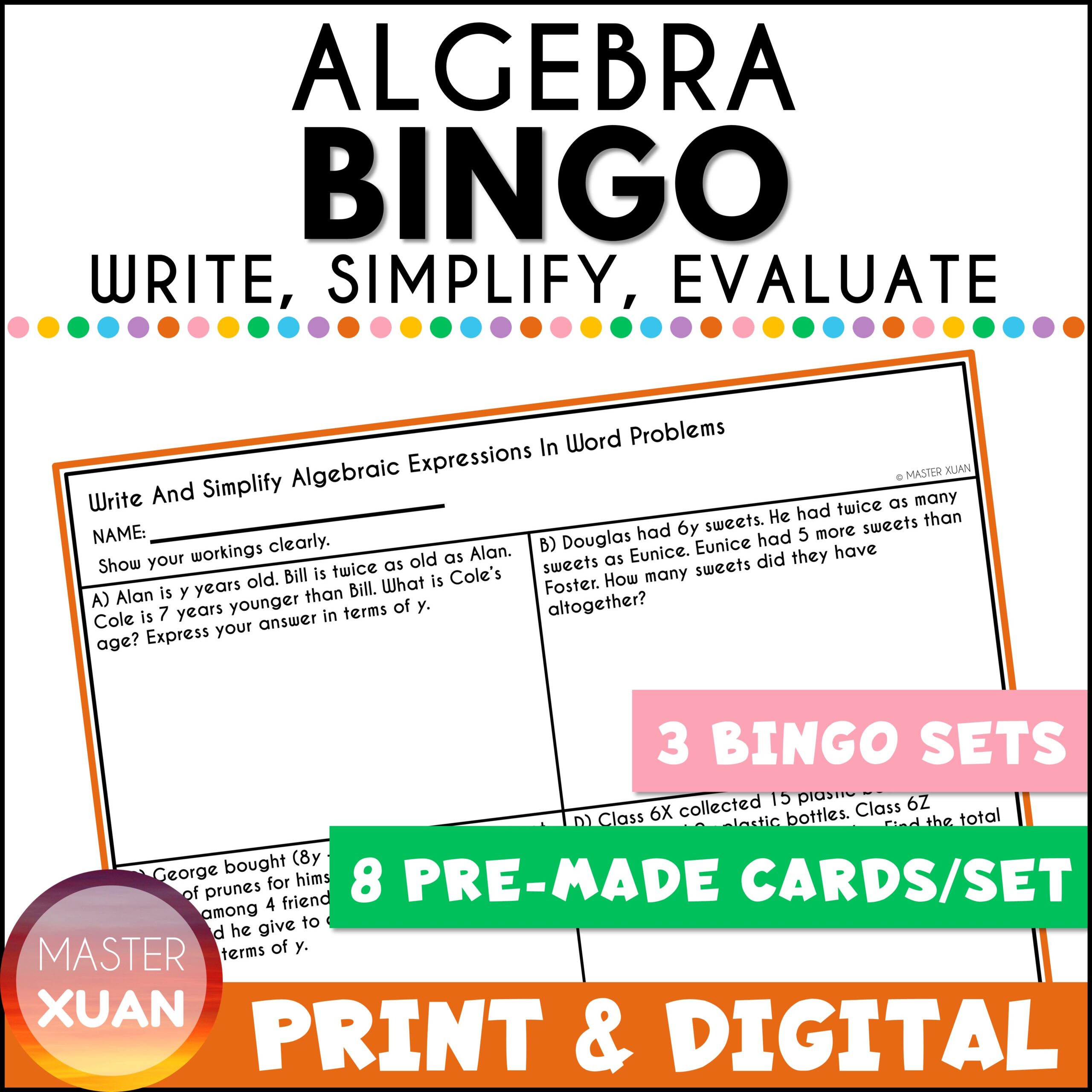 Algebra bingo game allows students to practice writing, simplifying and evaluating algebraic expressions.