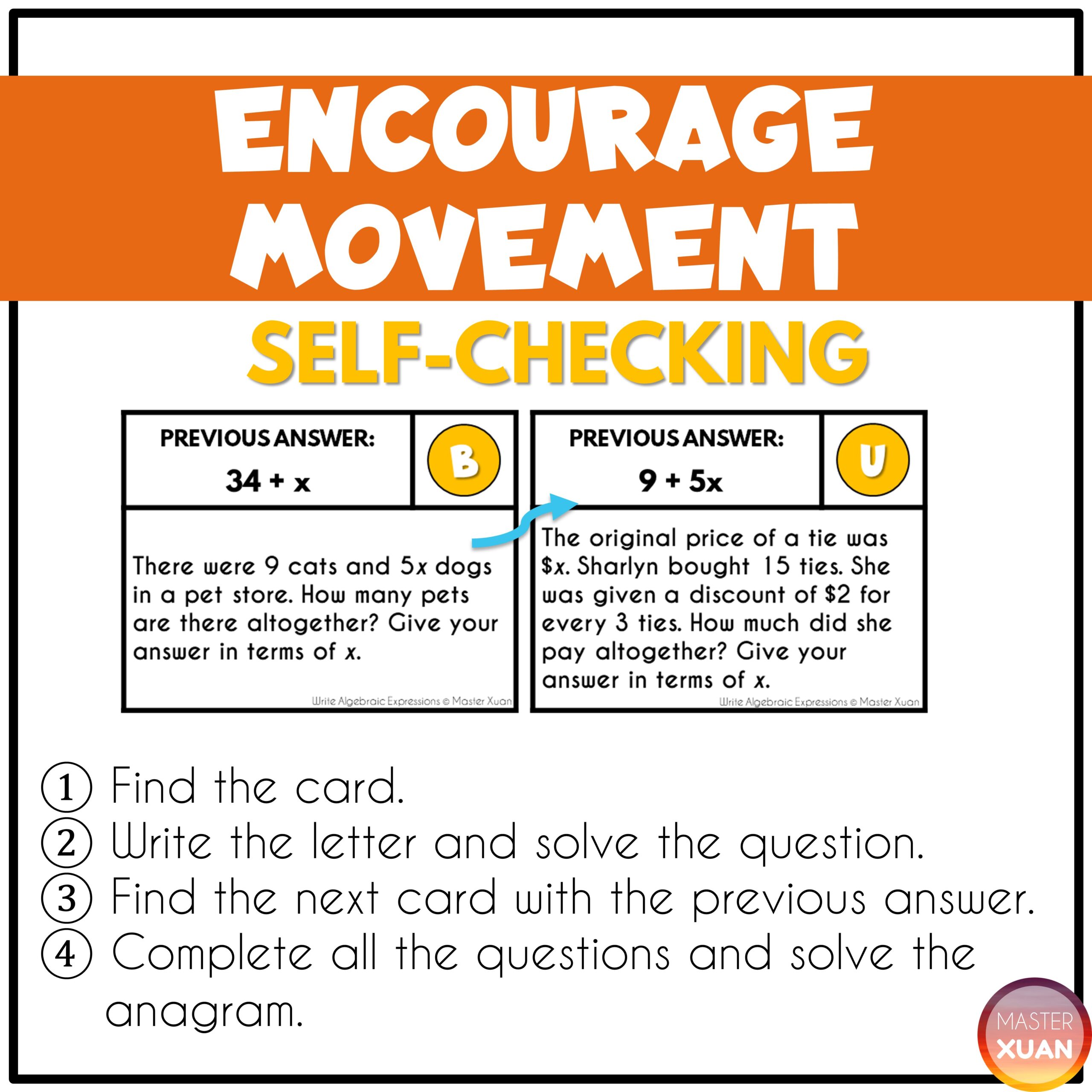 Algebraic equations activities encourage movement and is self-checking.