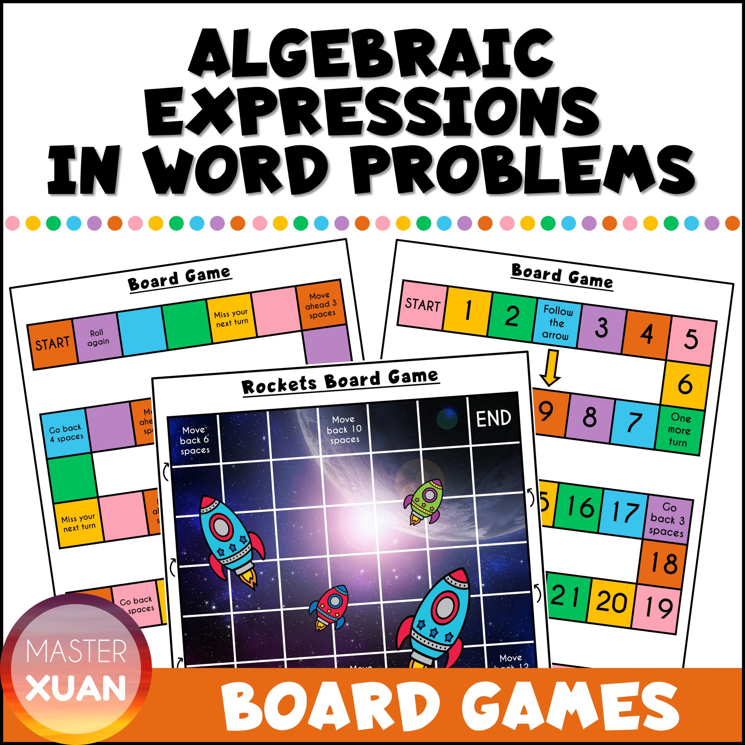 Solve algebraic expressions in word problems through fun math board games!