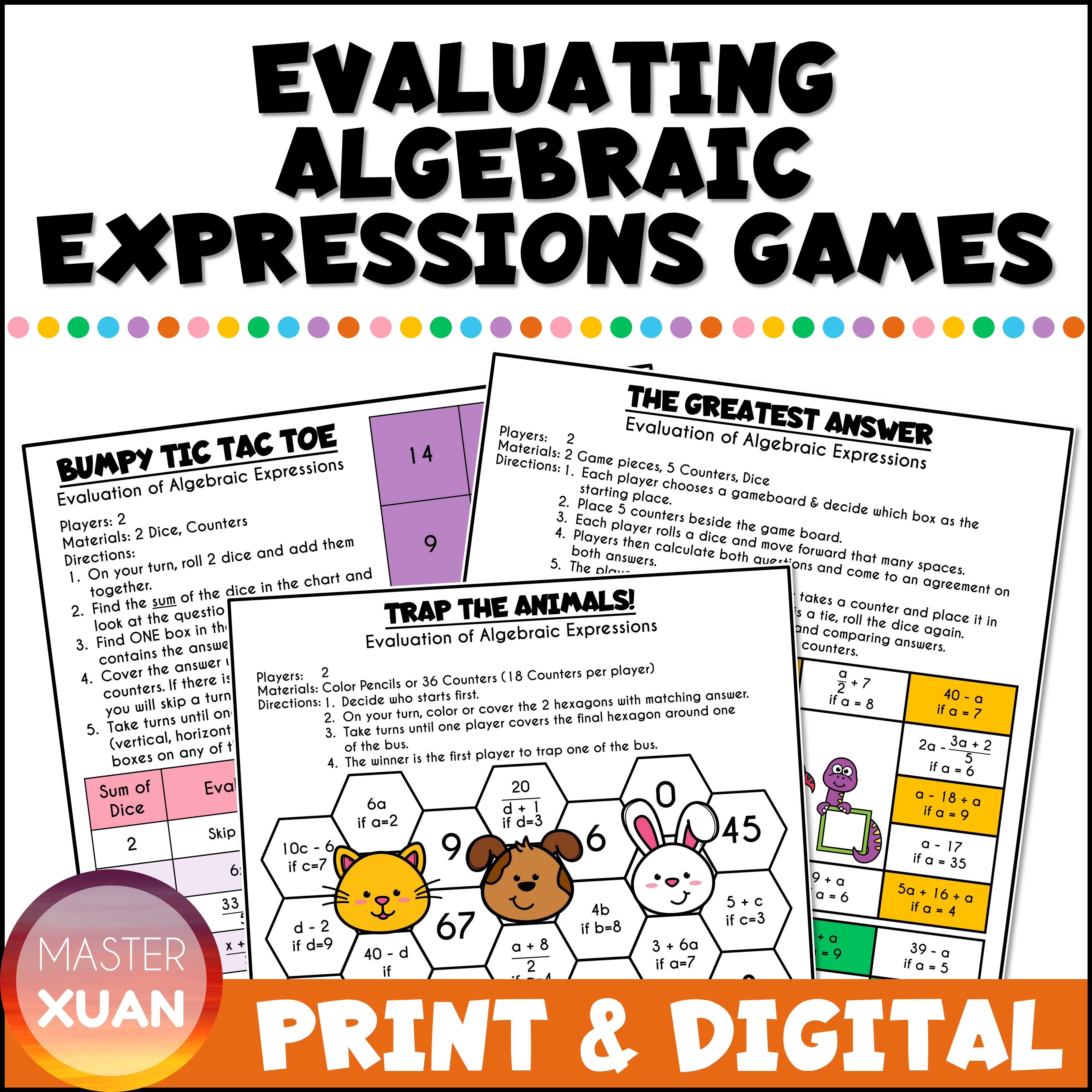 Evaluating algebraic expressions games.