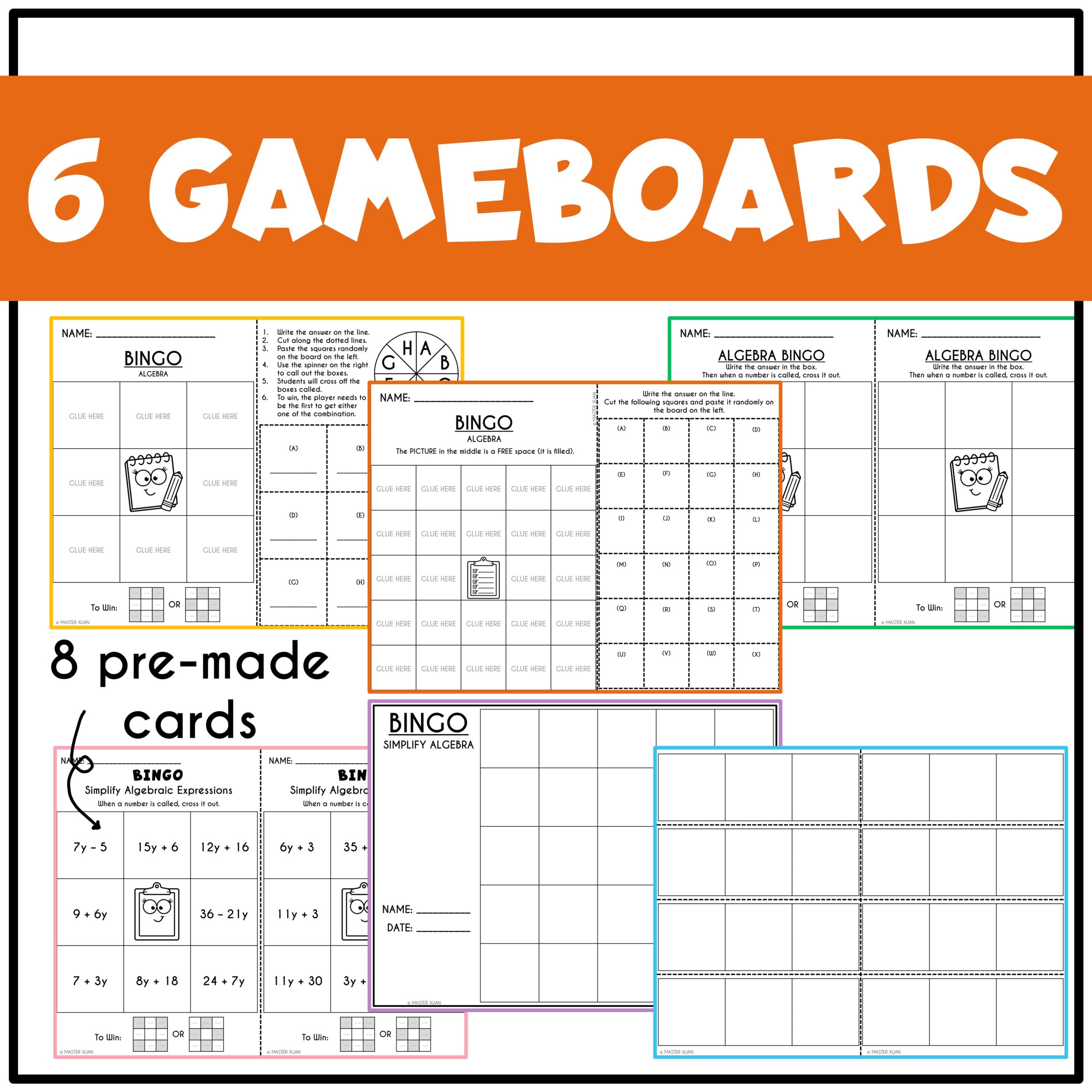 6 algebra game boards makes evaluating algebraic expressions questions enjoyable.