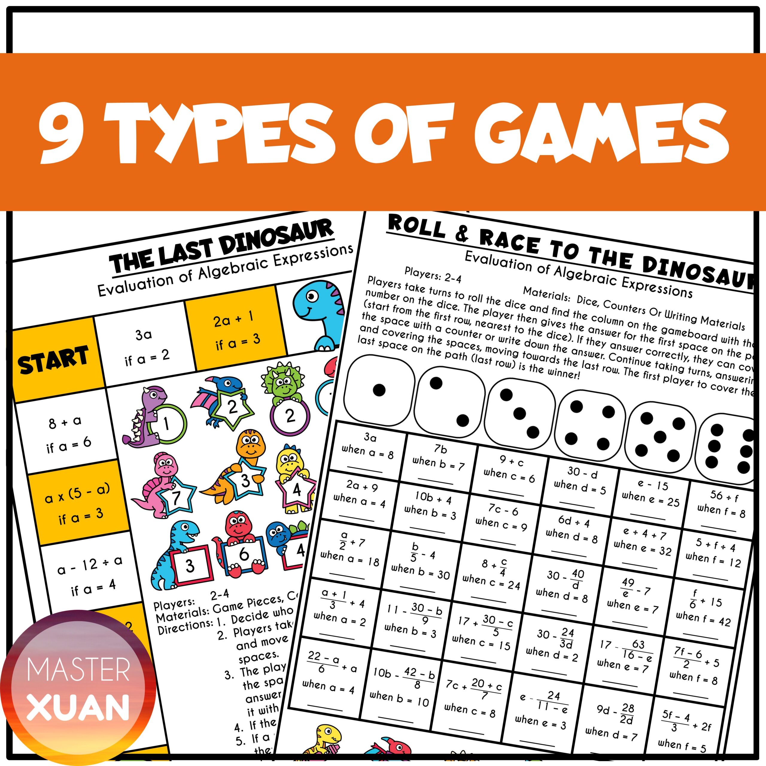 Evaluating algebraic expressions with one variable games.