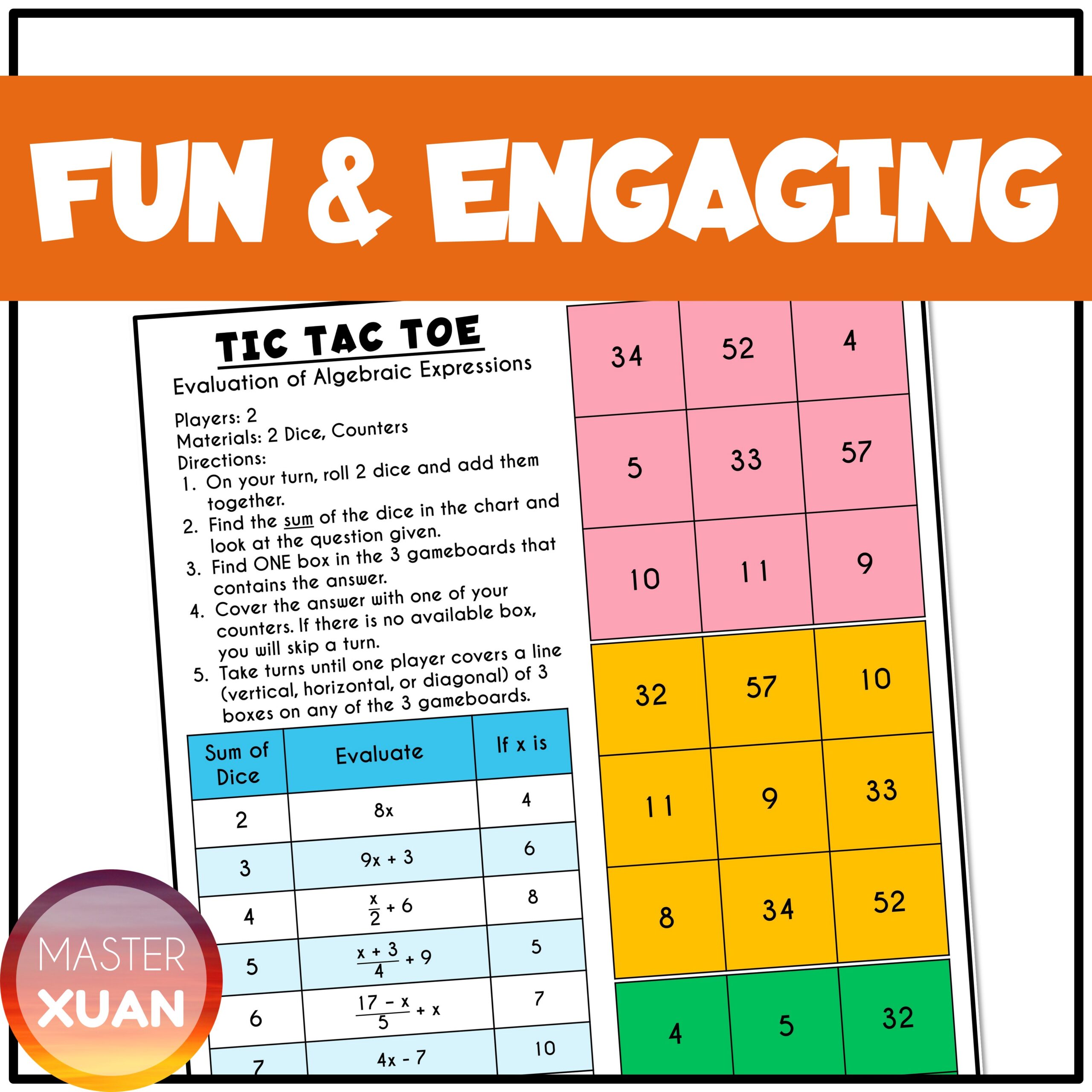 Evaluation of algebraic expressions will let your math students enjoy your math lessons as they are fun and engaging.