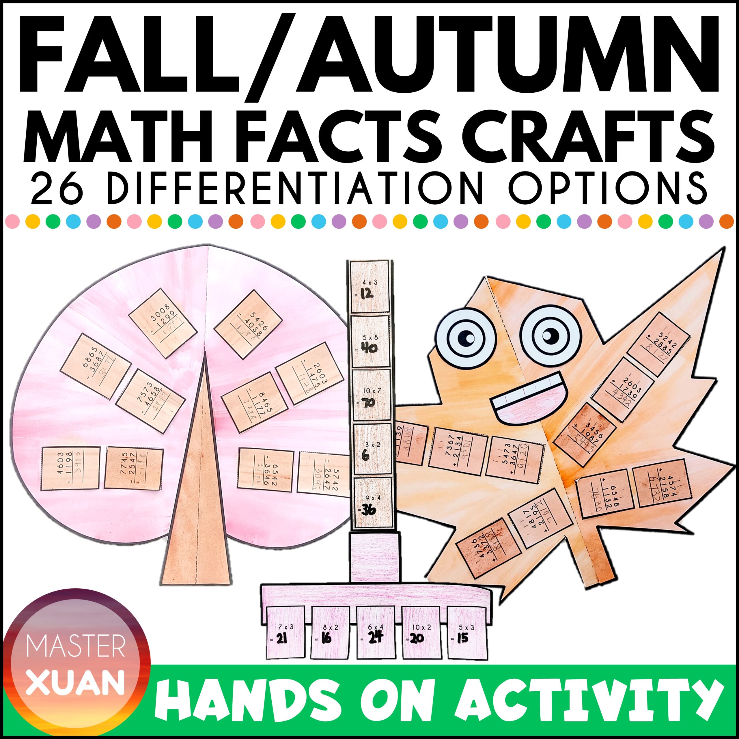 Fall/Autumn basic math facts activities - leaf craft, tree craft, rake craft. 