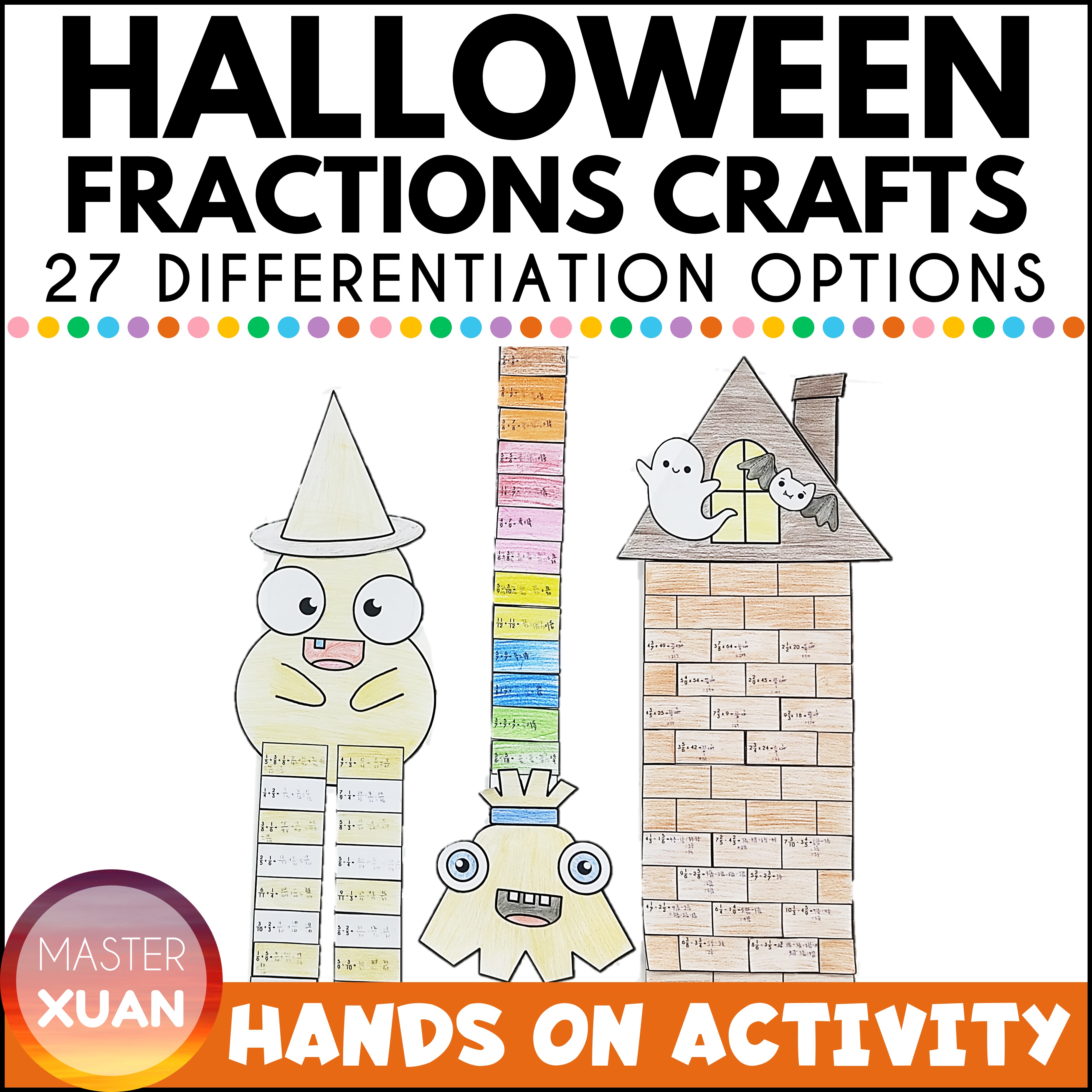 Fraction paper craft (haunted tower, magic broom and monster) with halloween theme makes this hands on activity great for October!
