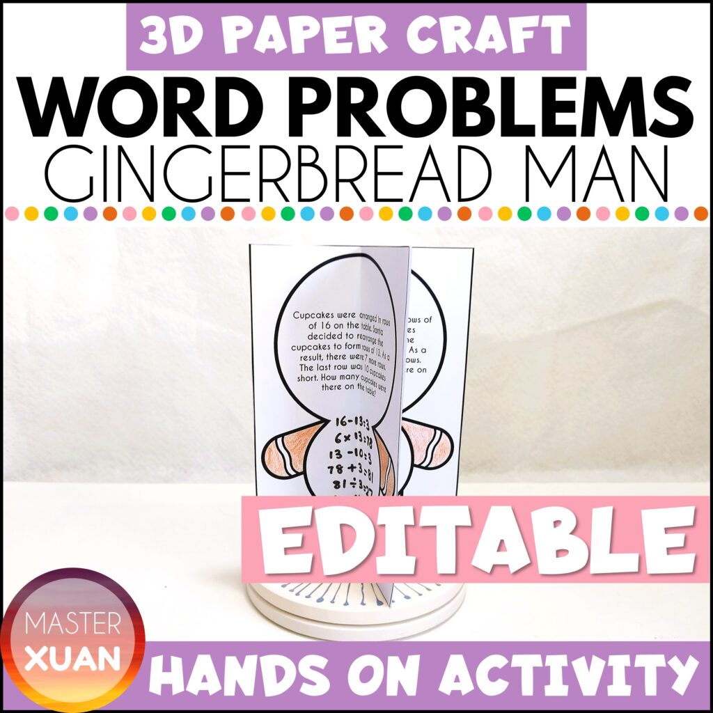 3D gingerbread man craft has editable word problems option.