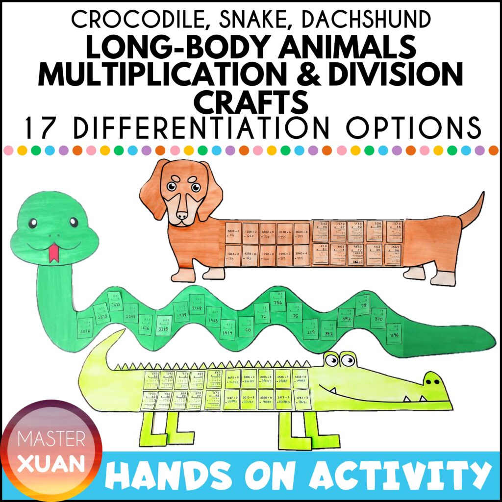 Activities for multiplication and division - long-body animals crafts consists of crocodile, snake and dachshund .