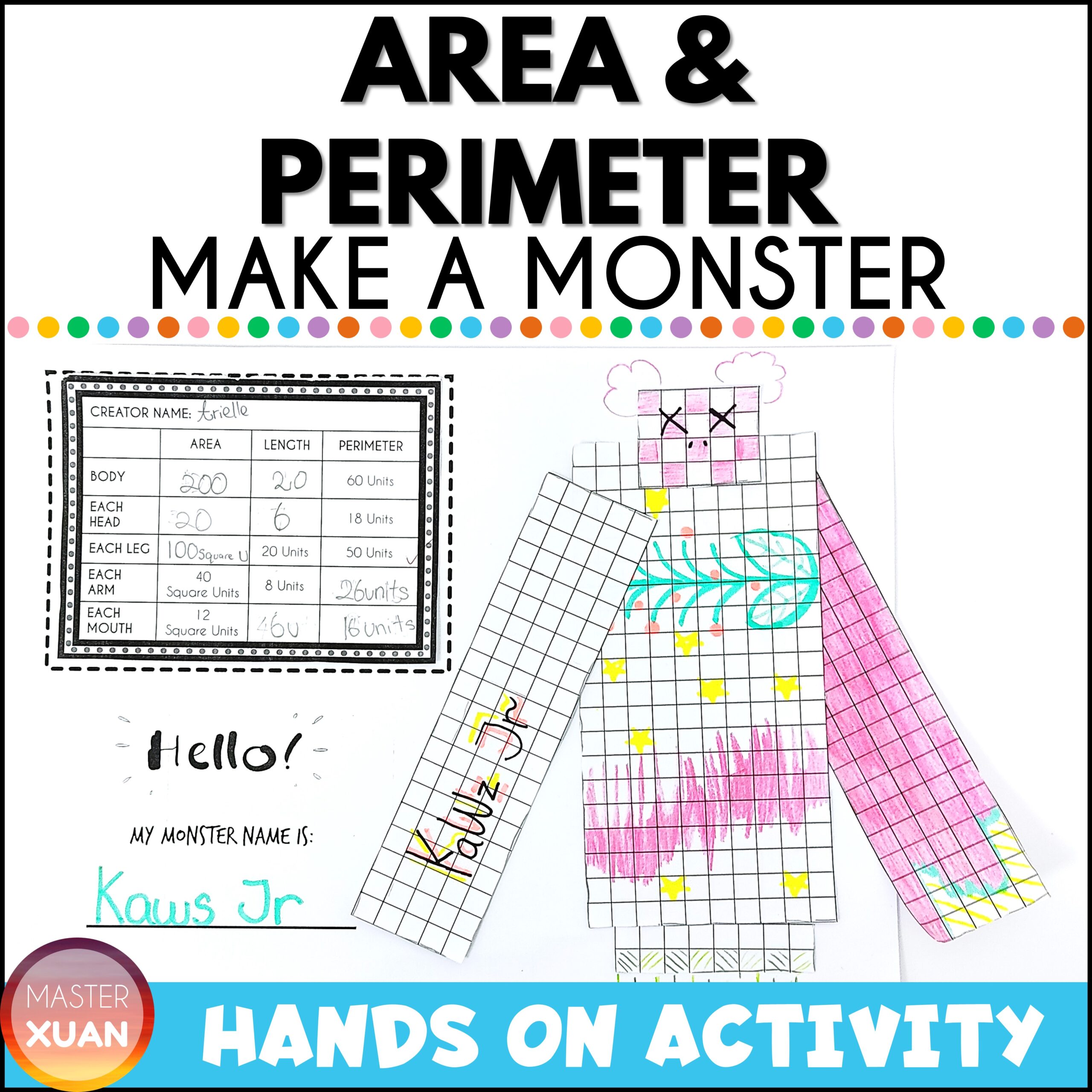 area and perimeter hands on activities allow students to make a monster.