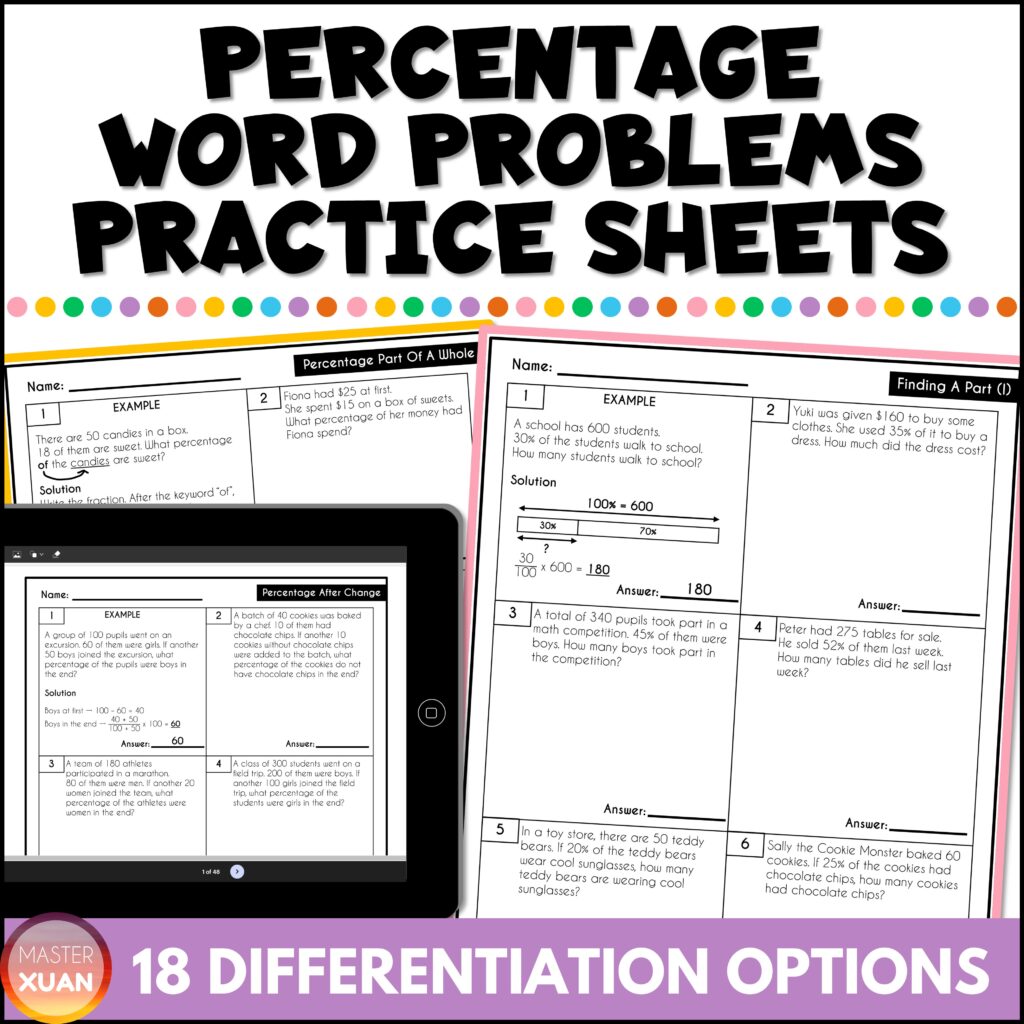 Percentage Word Problems Practice Sheets