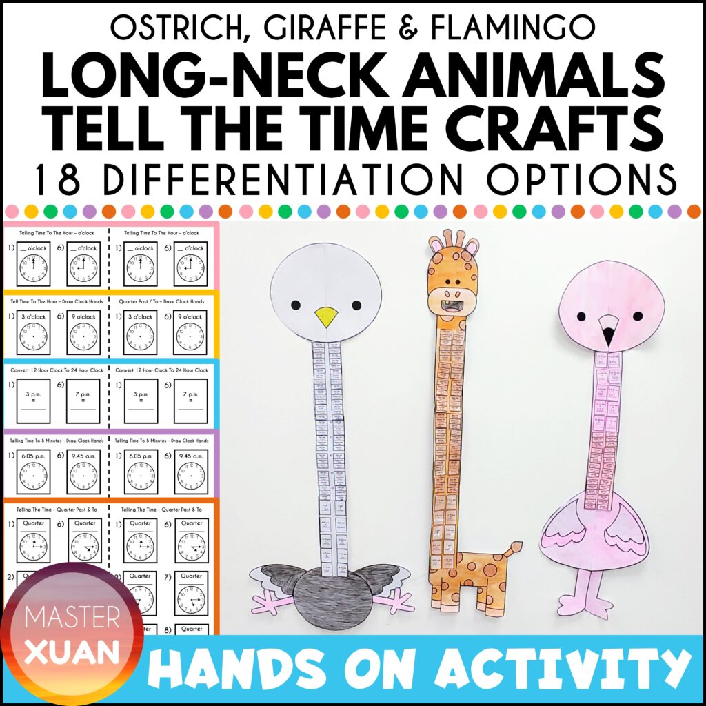 Tell the time activities - long-neck animals crafts consists of ostrich, giraffe and flamingo crafts.