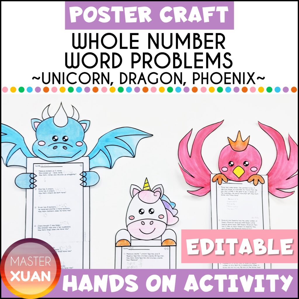Word problems all operations poster craft with dragon, phoenix and unicorn.
