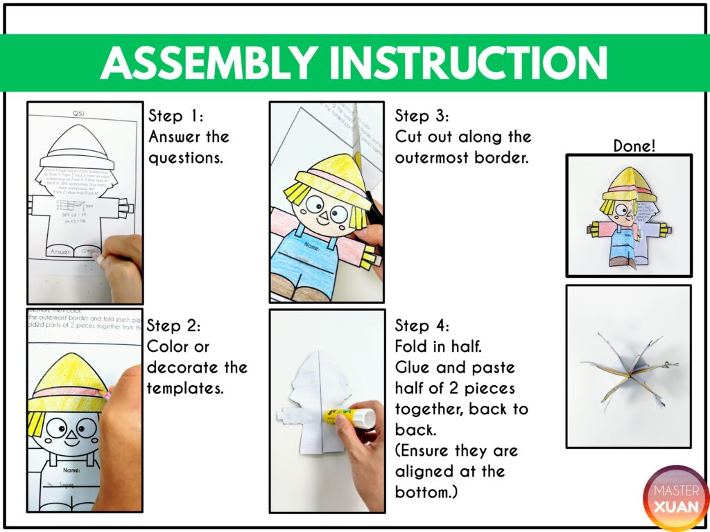 Assembly instruction for 3D scarecrow craft with word problems.