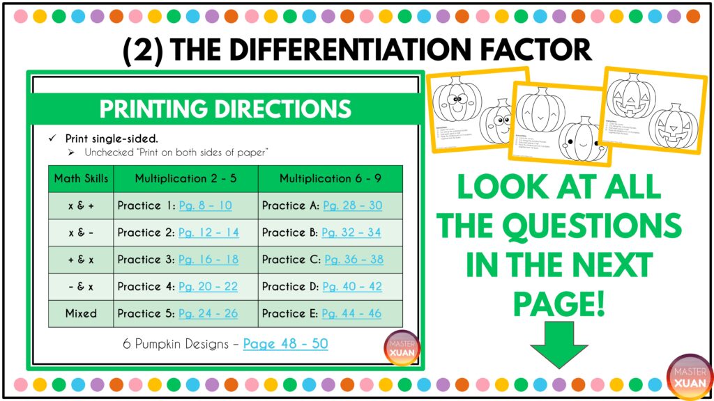 A preview of the different math skills available for differentiation for the pumpkin craft.