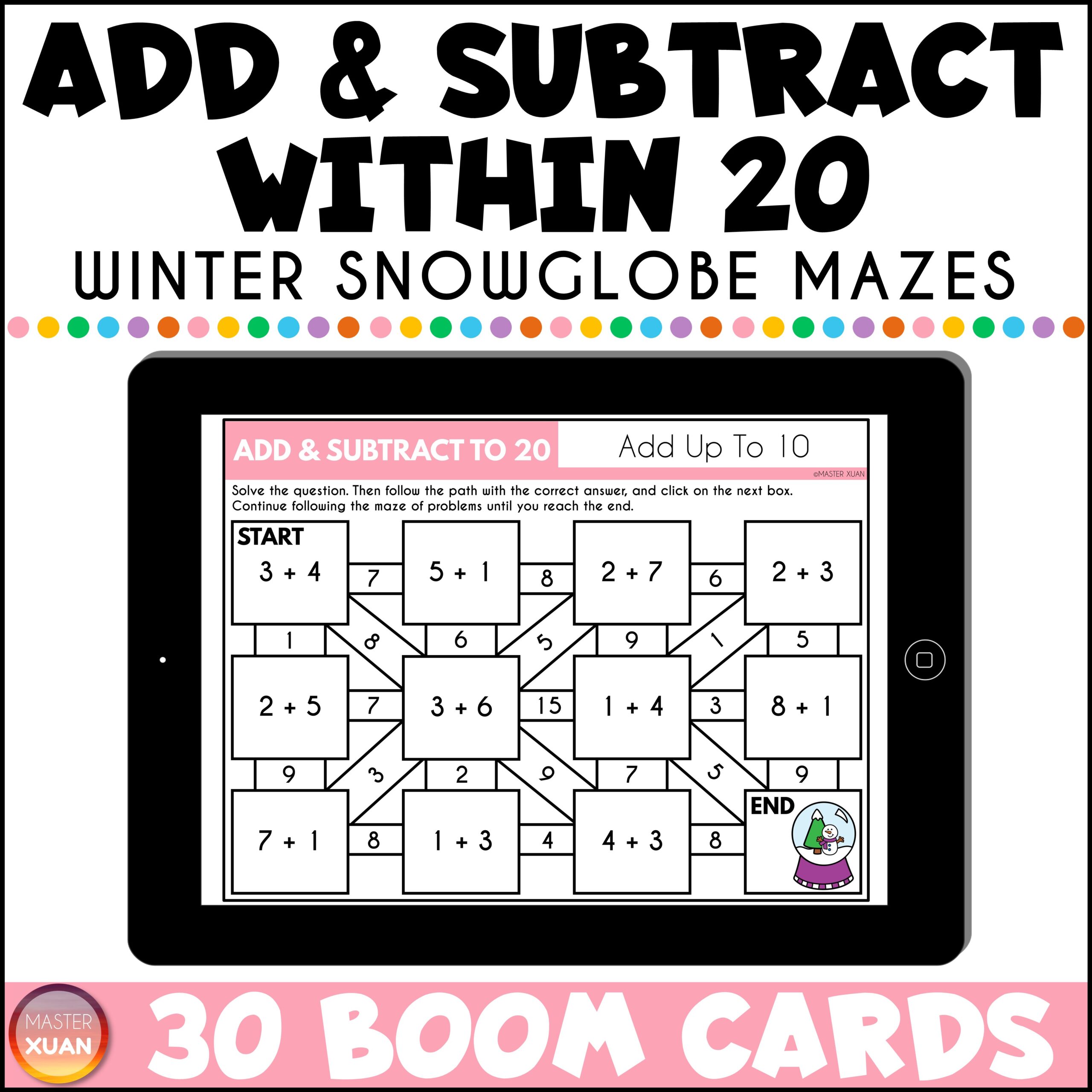 Add and subtract within 20 winter snowglobe mazes has 30 Boom Cards / digital task cards.