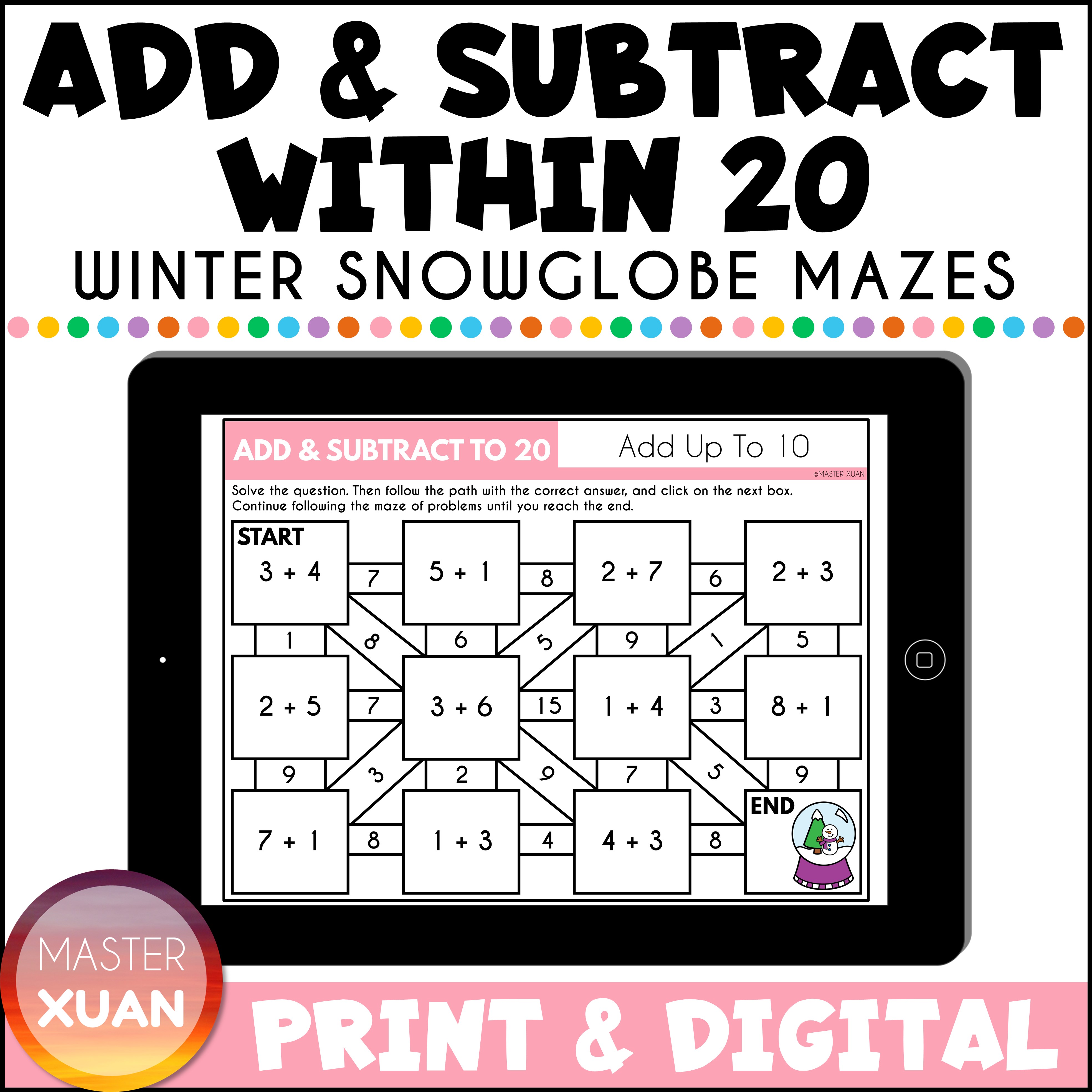 Add and subtract within 20 winter snowglobe mazes with printable and Boom Cards.