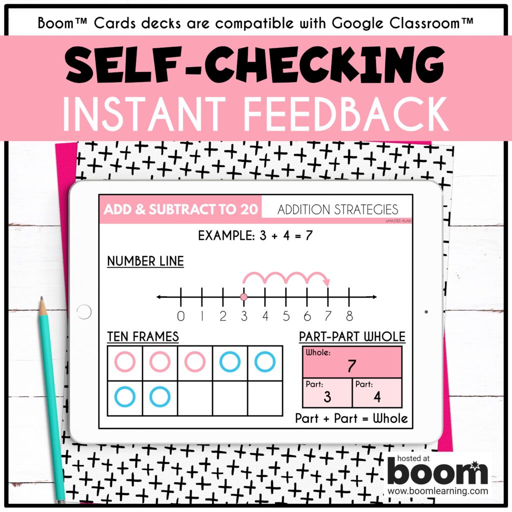 Adding and subtracting up to 20 in Boom Learning is self checking and come with notes.