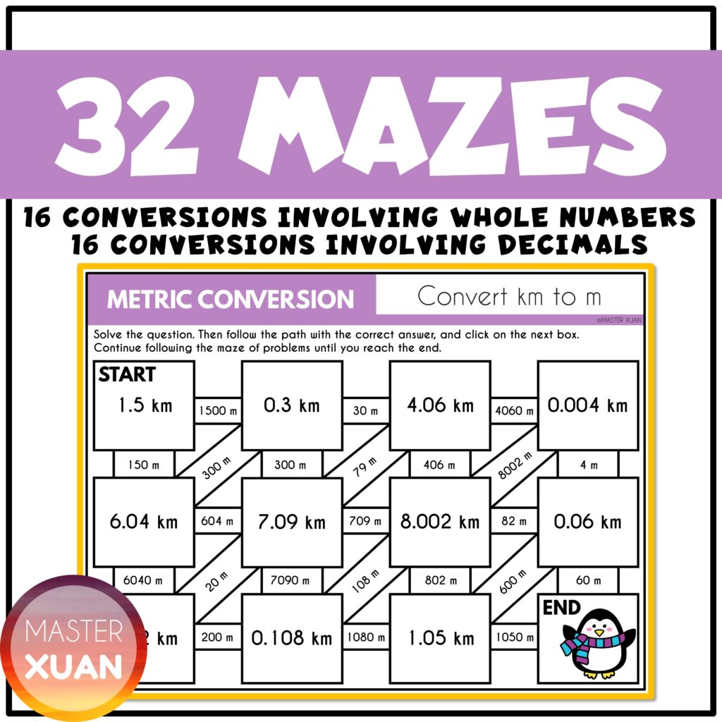 There are 32 winter themed mazes in this metric conversion practice game.